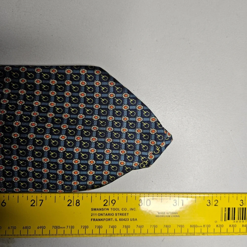 Mens Silk Tie Navy Blue Floral Daisy Equestrian Bit Geometric Hand Made in Italy